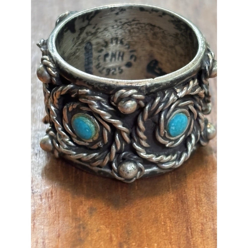 Vintage Mexico Turquoise Sterling Silver Scroll Design Ring - Size 7.5 8.8 Grams